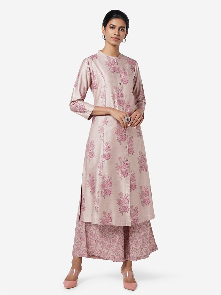 Zuba Lilac Floral Print Band-Neck A-line Kurta