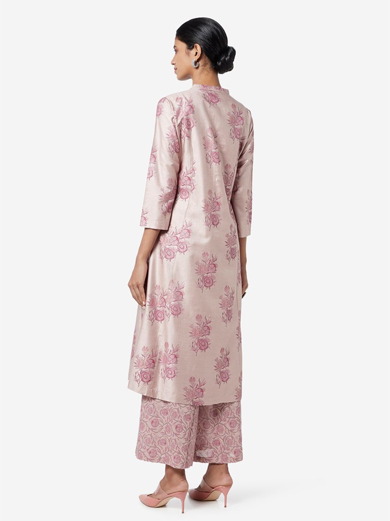Zuba Lilac Floral Print Band-Neck A-line Kurta