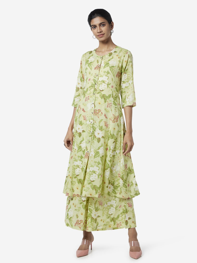 Zuba Lime Floral Print A-line Kurta