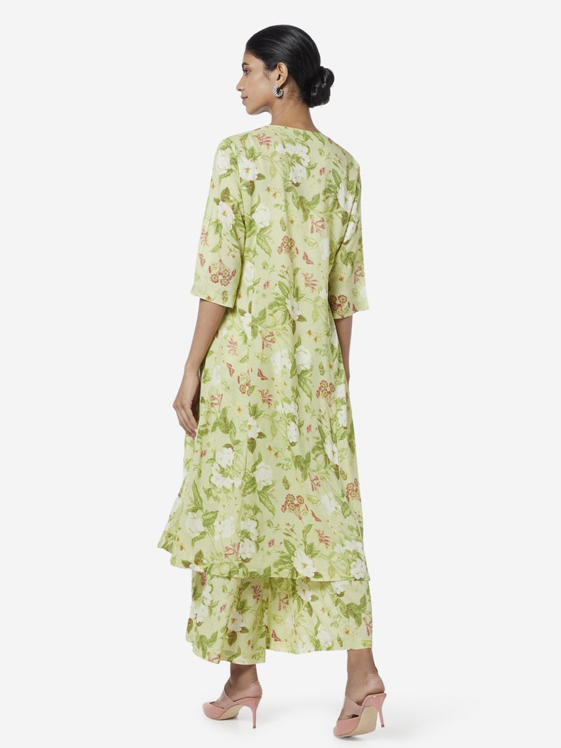 Zuba Lime Floral Print A-line Kurta