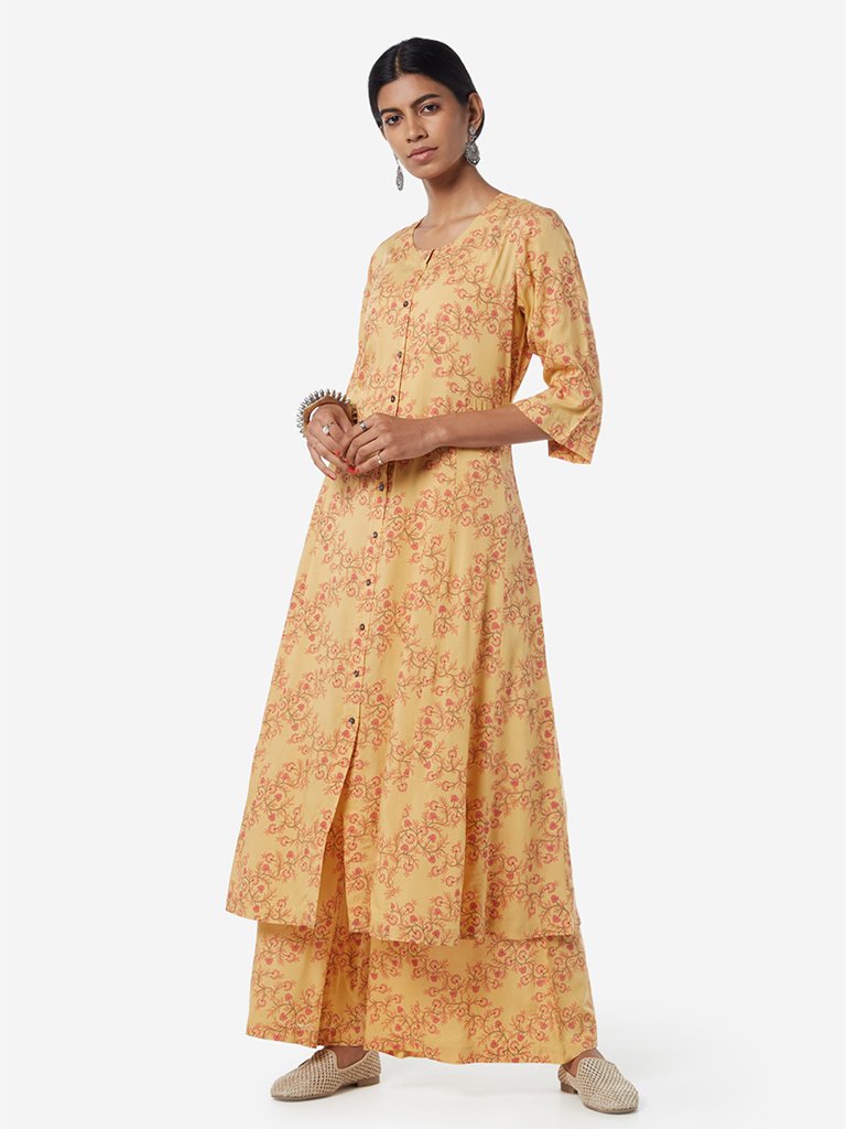 Zuba Yellow Floral Patterned A-line Kurta