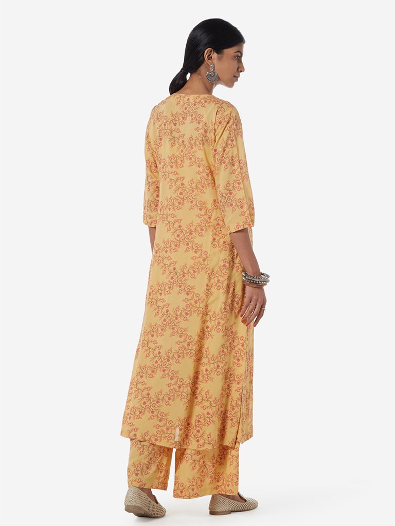 Zuba Yellow Floral Patterned A-line Kurta