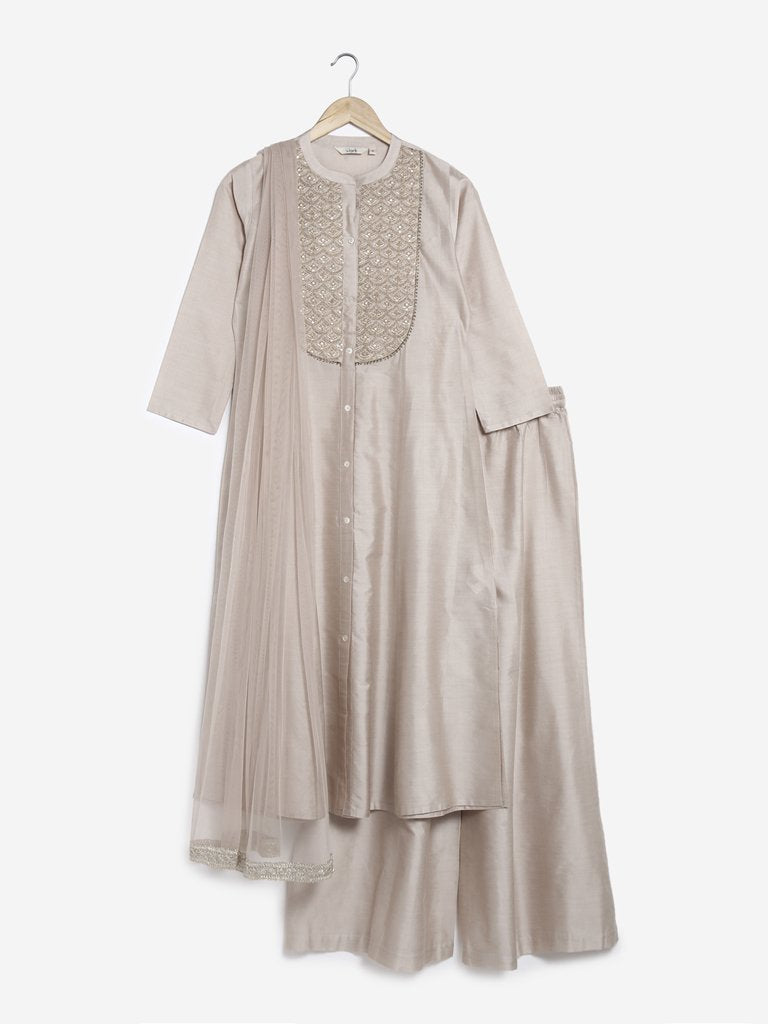 Vark Taupe Embroidered Kurta, Palazzo, Dupatta