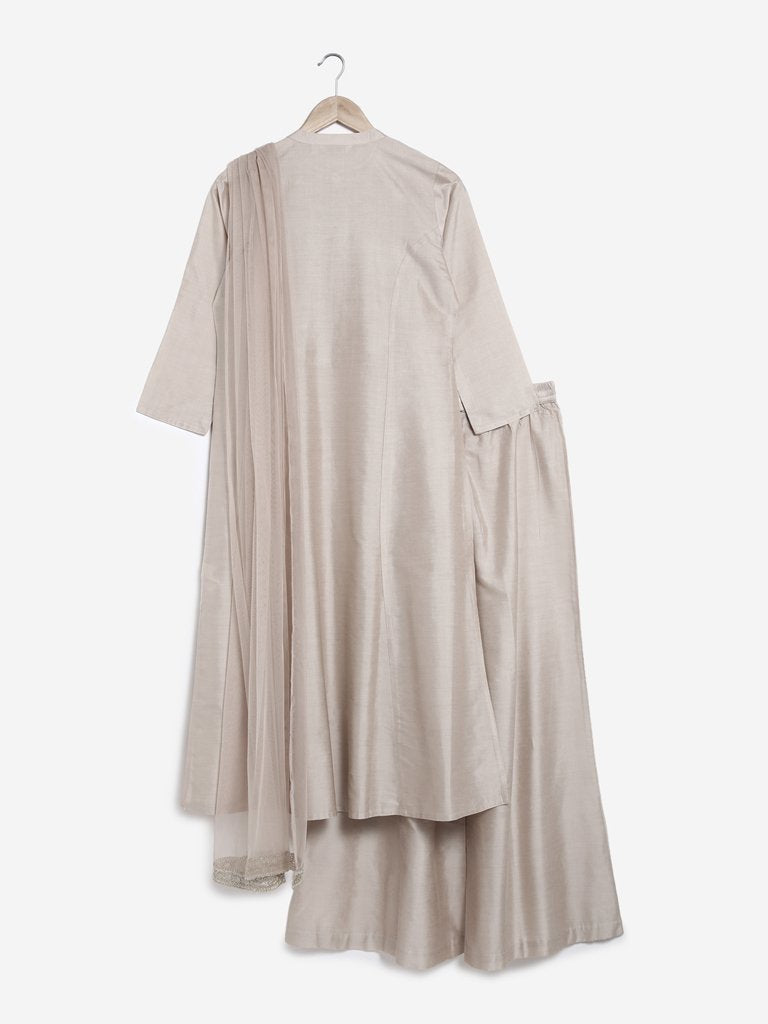Vark Taupe Embroidered Kurta, Palazzo, Dupatta