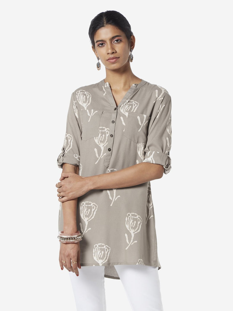 Utsa Taupe Floral Patterned High-Low Kurti