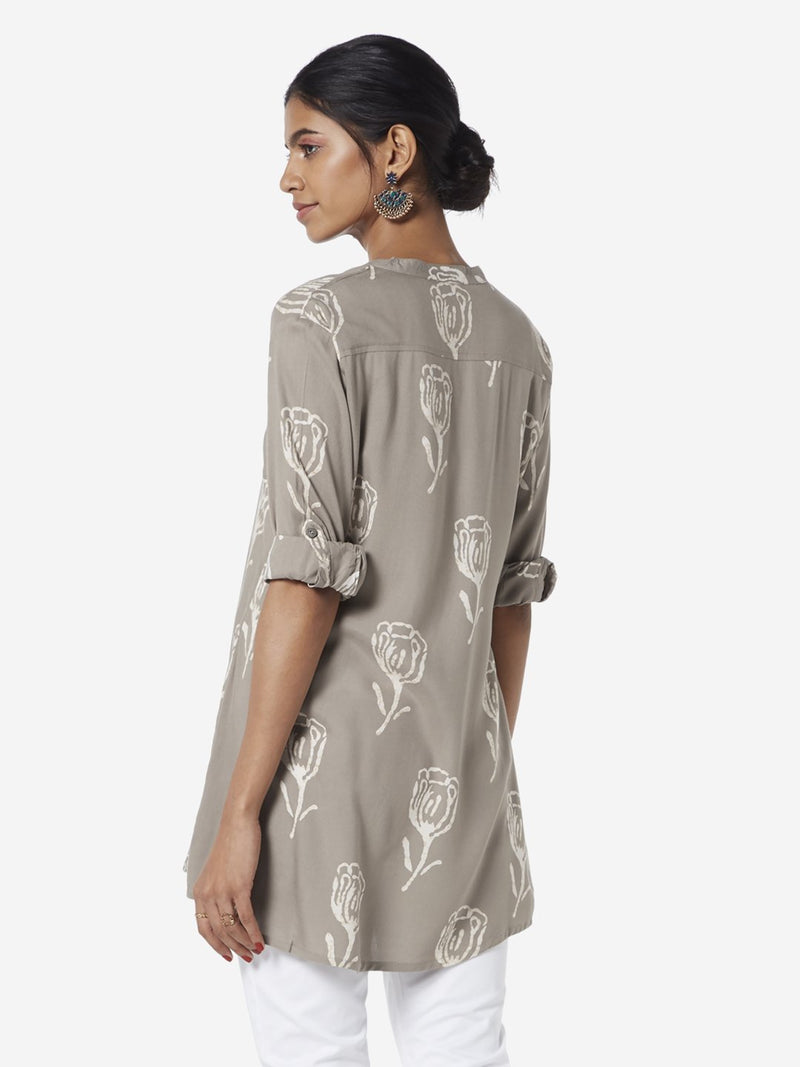 Utsa Taupe Floral Patterned High-Low Kurti