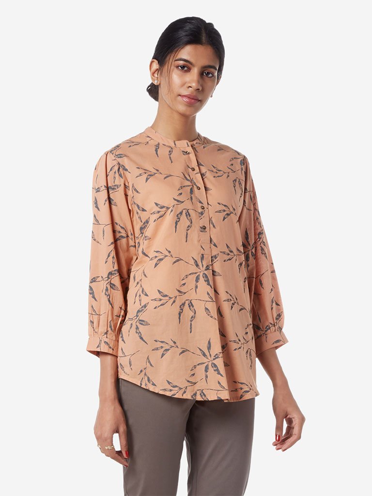 Utsa Light Brown Leaf Print Straight Ethnic Top