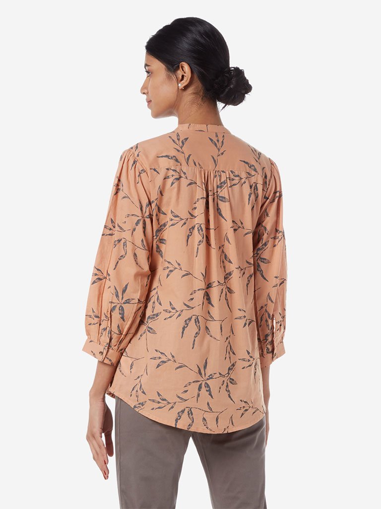 Utsa Light Brown Leaf Print Straight Ethnic Top