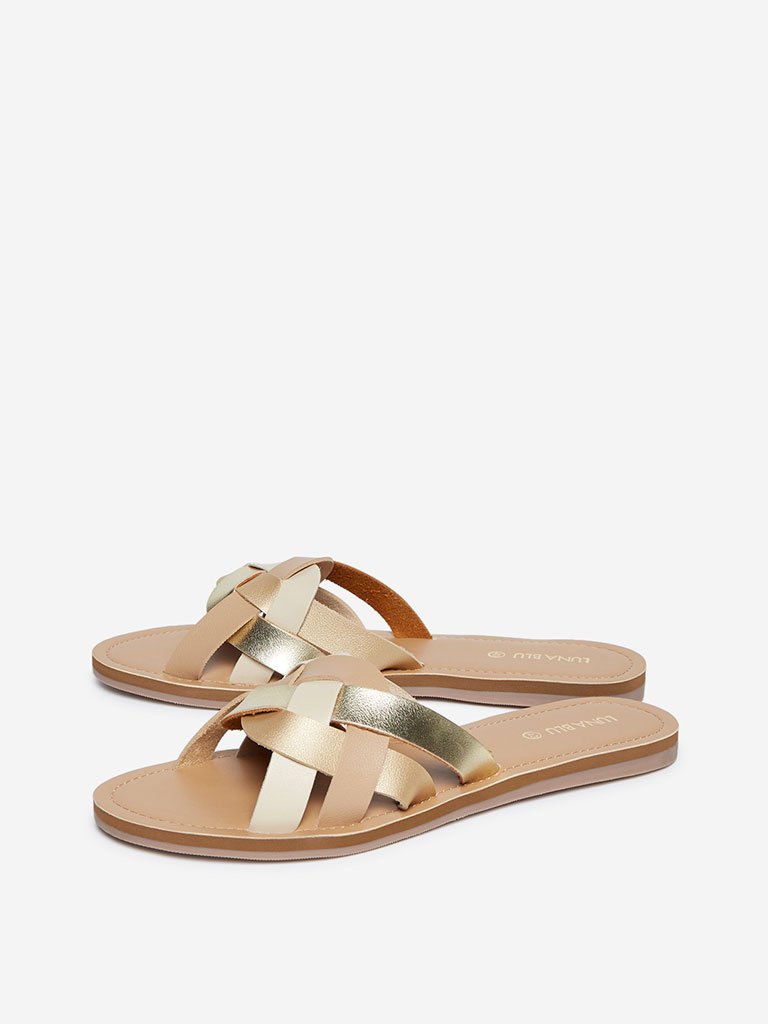 LUNA BLU Gold Multi-Strapped Slides