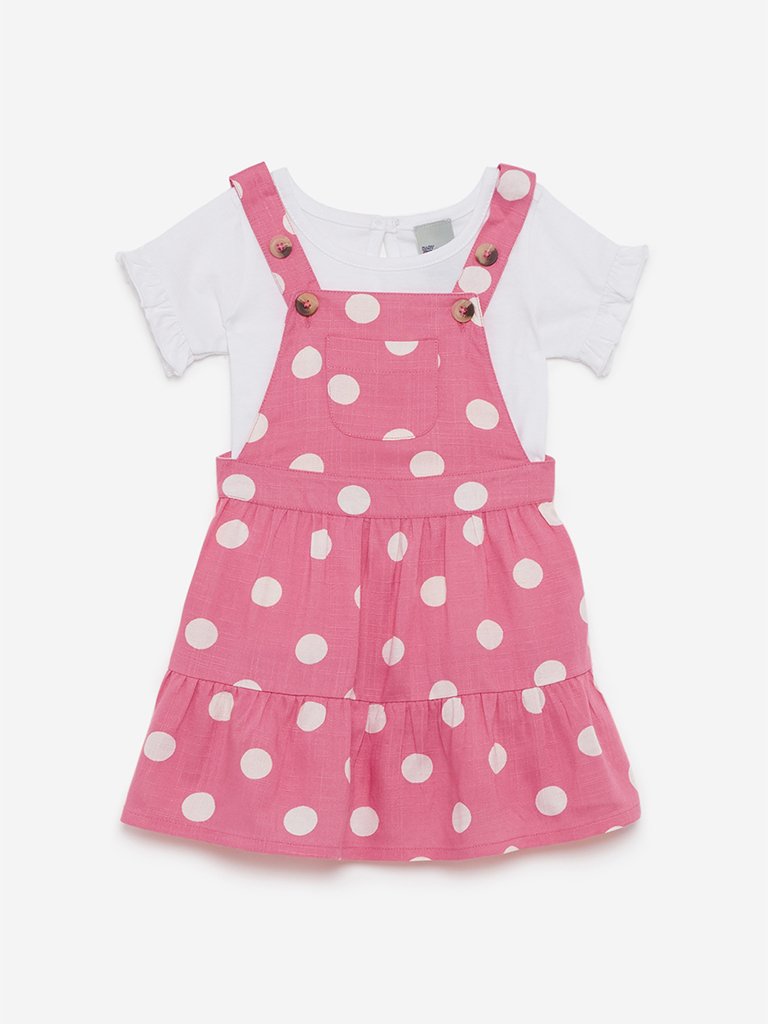 Baby HOP Pink Dotted Pinafore And T-Shirt Set