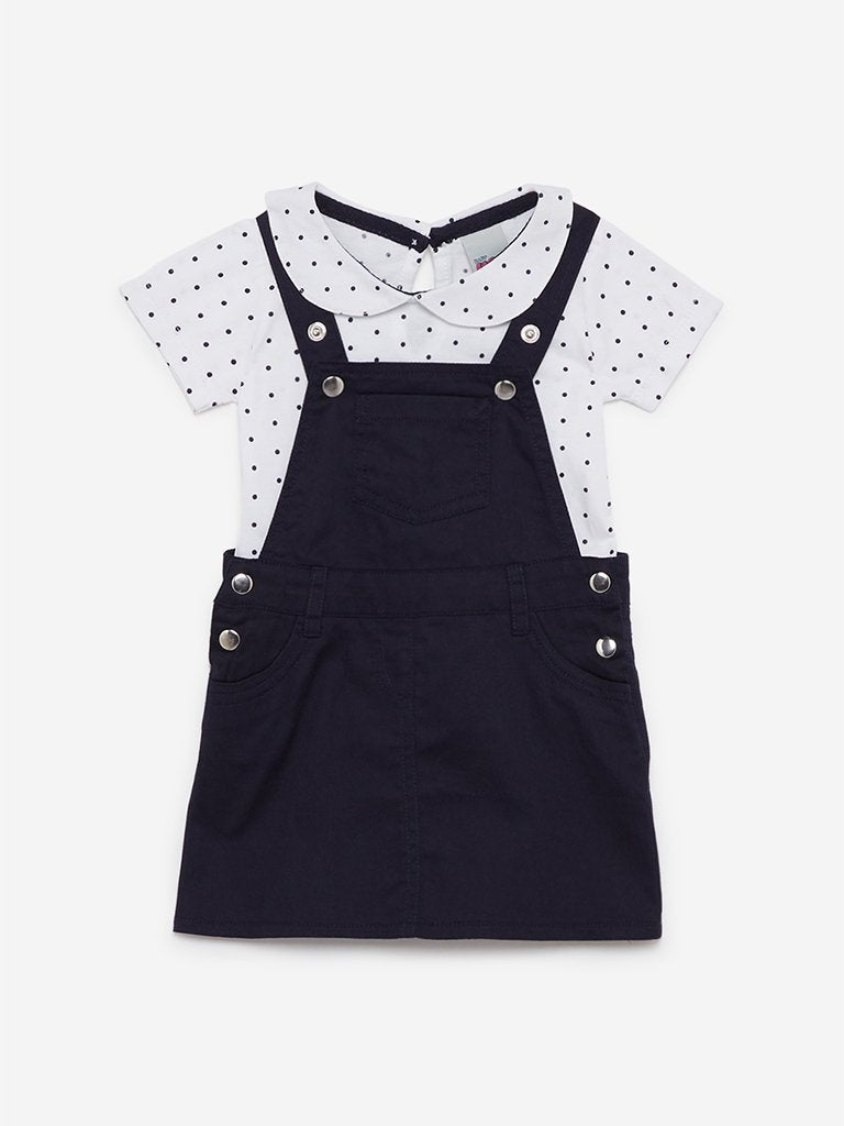 Baby HOP Navy Dotted T-Shirt And Pinafore Set
