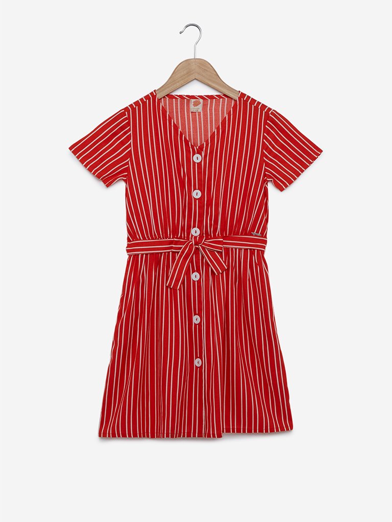 Y&F Kids Dark Orange Striped Dress With Belt