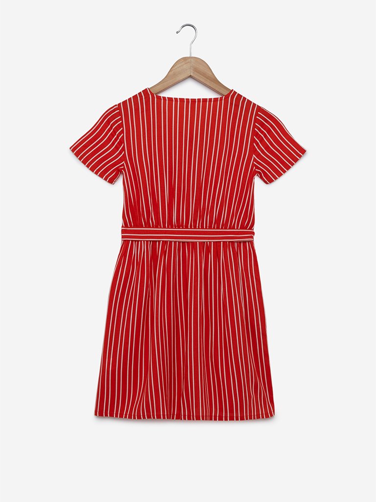 Y&F Kids Dark Orange Striped Dress With Belt