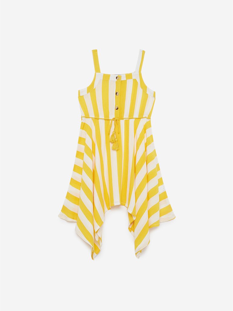 HOP Kids White Striped Jamia Dress With Belt