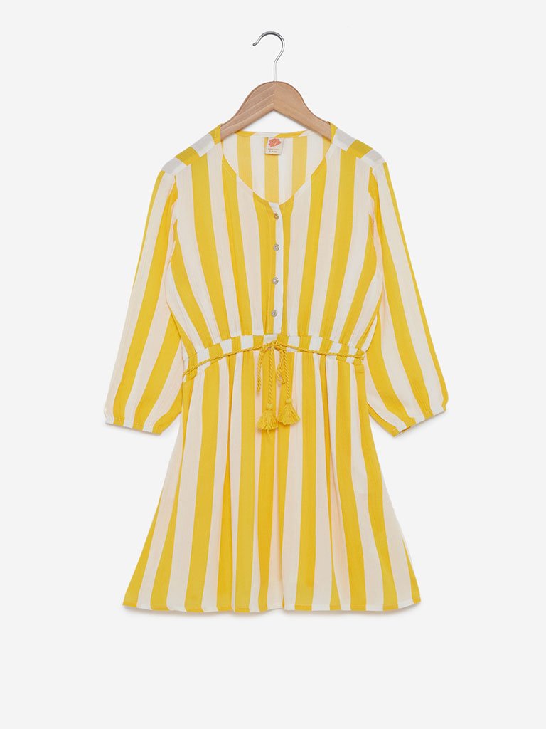Y&F Kids Yellow Striped Senza Dress With Belt