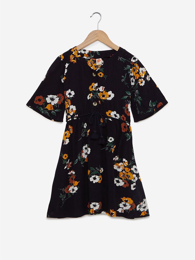 Y&F Kids Navy Floral Senza Dress With Belt