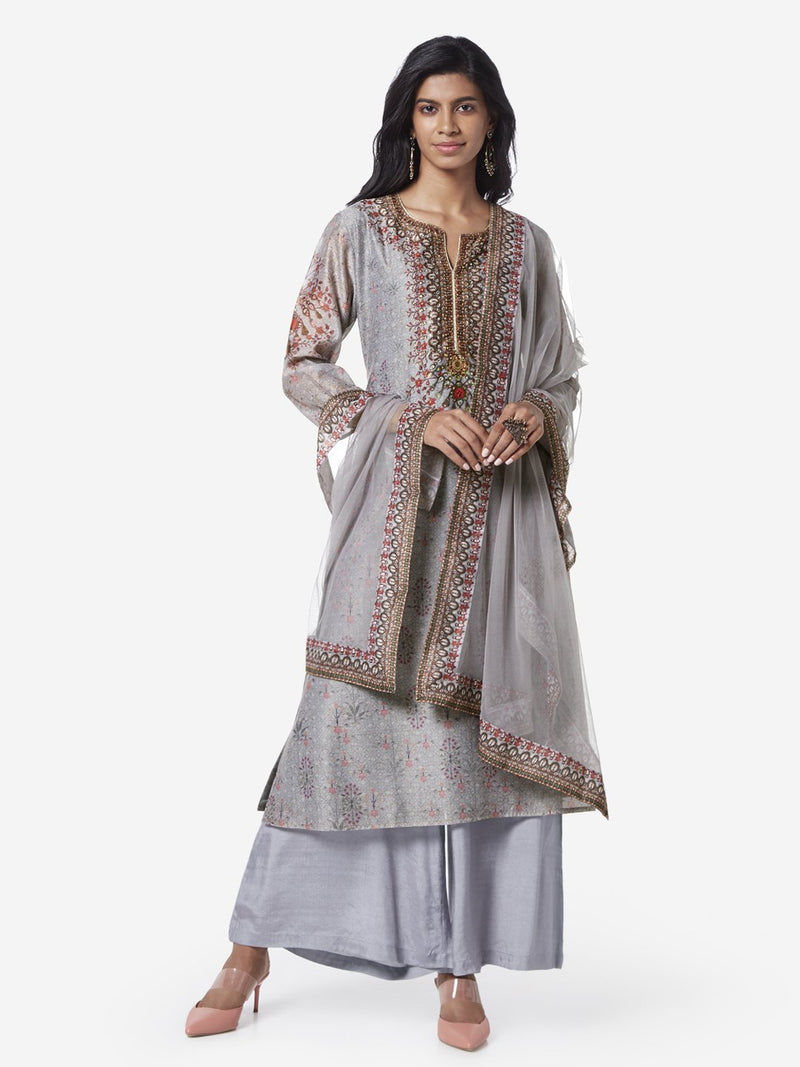 Vark Grey Floral A-line Kurta And Palazzos Set