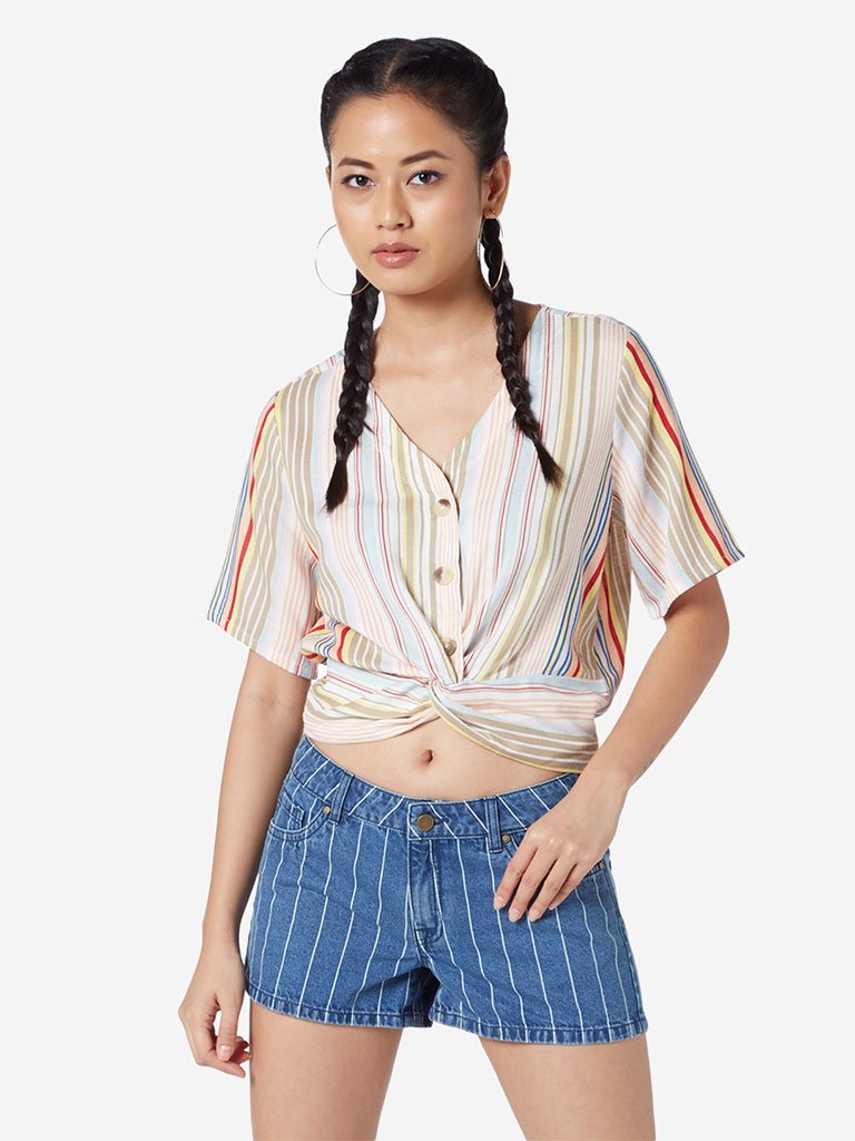 Nuon Multicolour Striped Twist Crop-Top