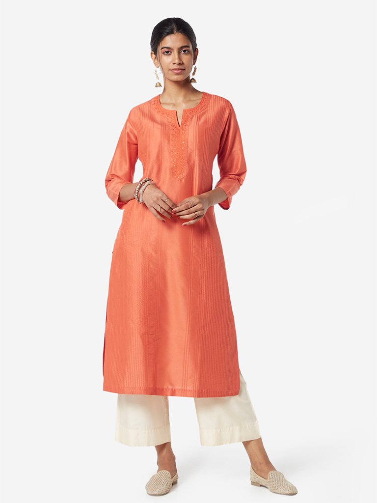 Utsa Orange Embroidered Straight Kurta