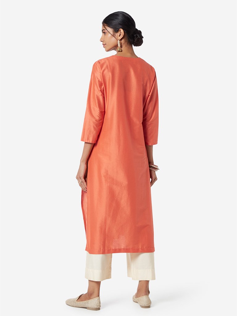 Utsa Orange Embroidered Straight Kurta