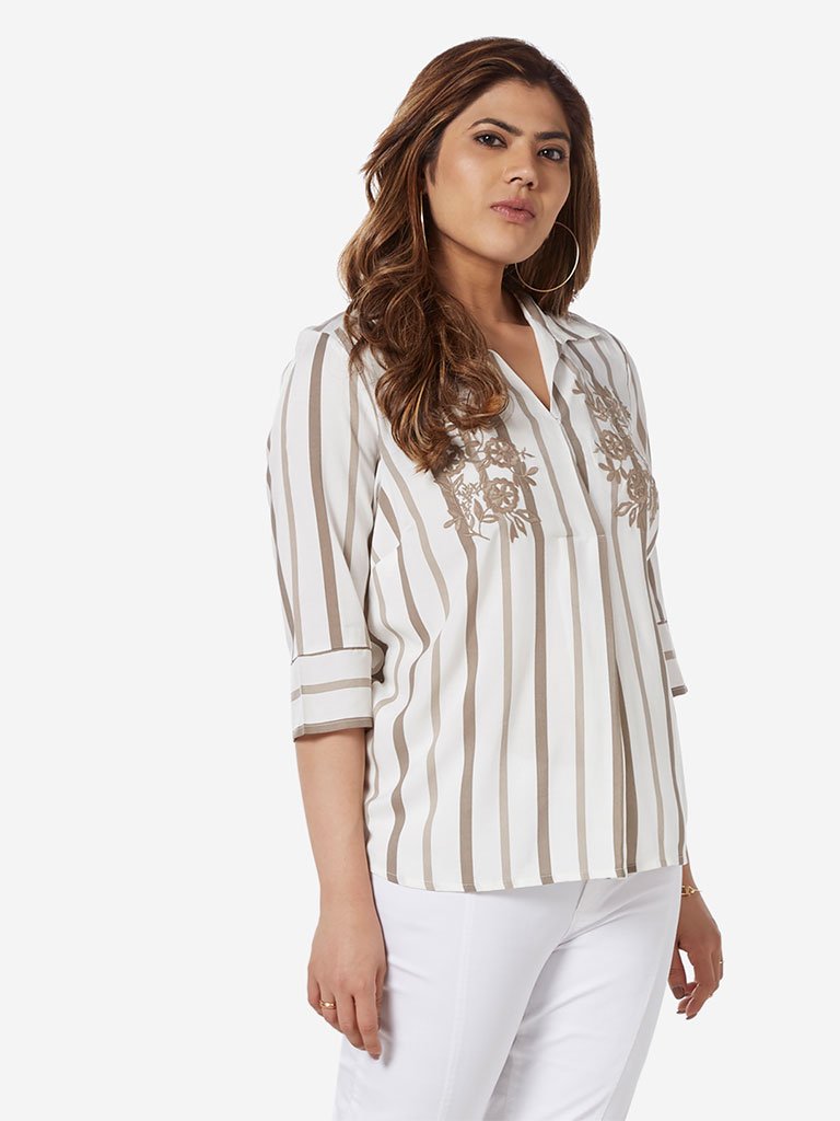 Gia Curve Off White Striped High-Low Shirt