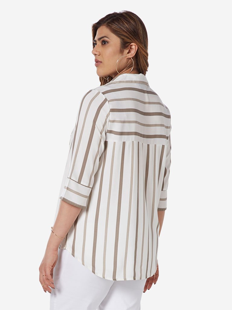 Gia Curve Off White Striped High-Low Shirt