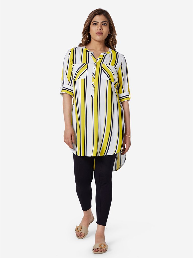 Gia Curve White Striped High-Low Oasis Tunic