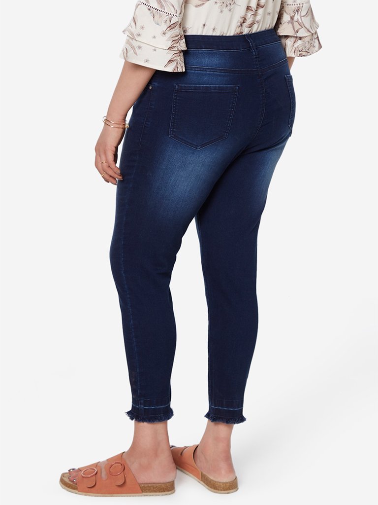 Gia Curve Dark Blue Fringed-Hem Cropped Jeans