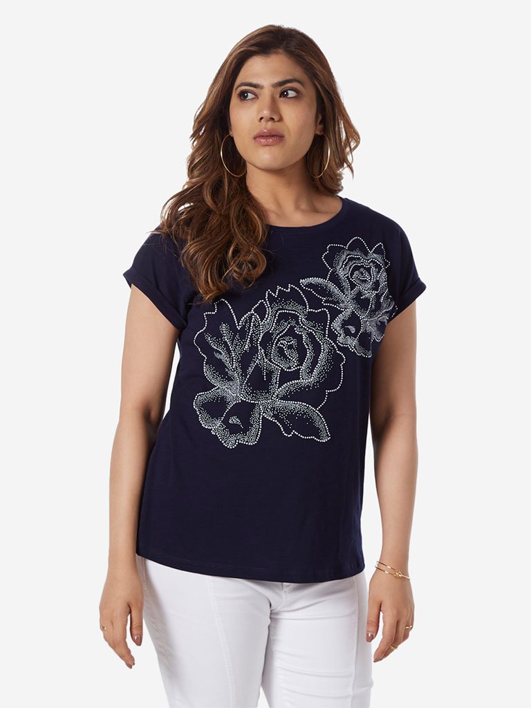 Gia Curve Navy Floral Patterned Bella T-Shirt