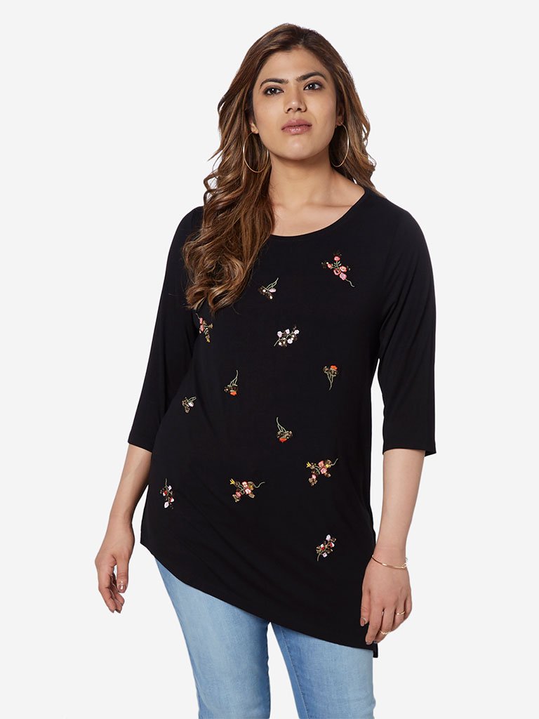 Gia Curve Black Floral Embroidered Top