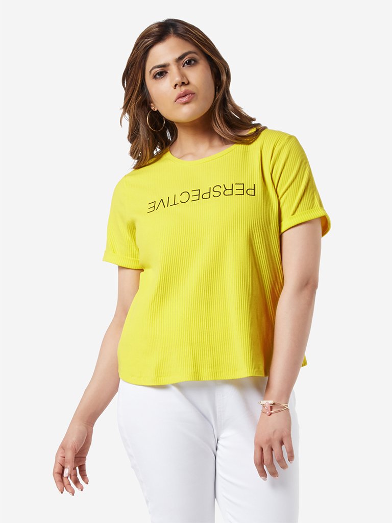 Sassy Soda Curve Yellow Text Printed T-Shirt