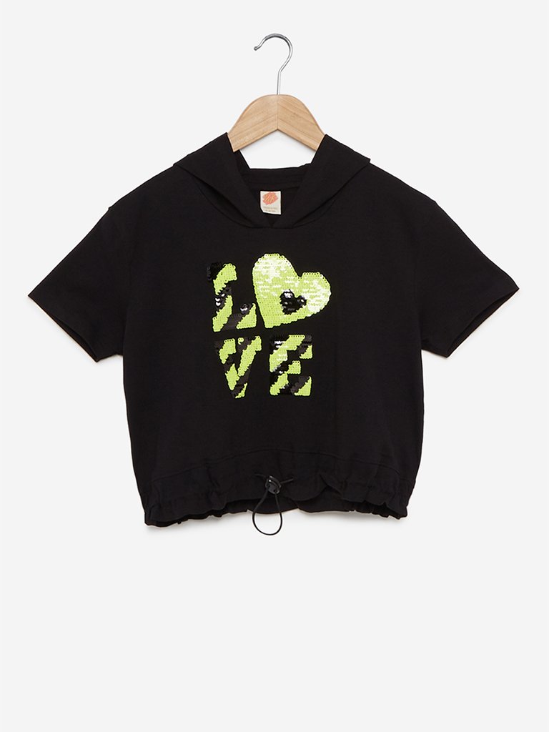 Y&F Kids Black Sequinned Hooded Kristy Top