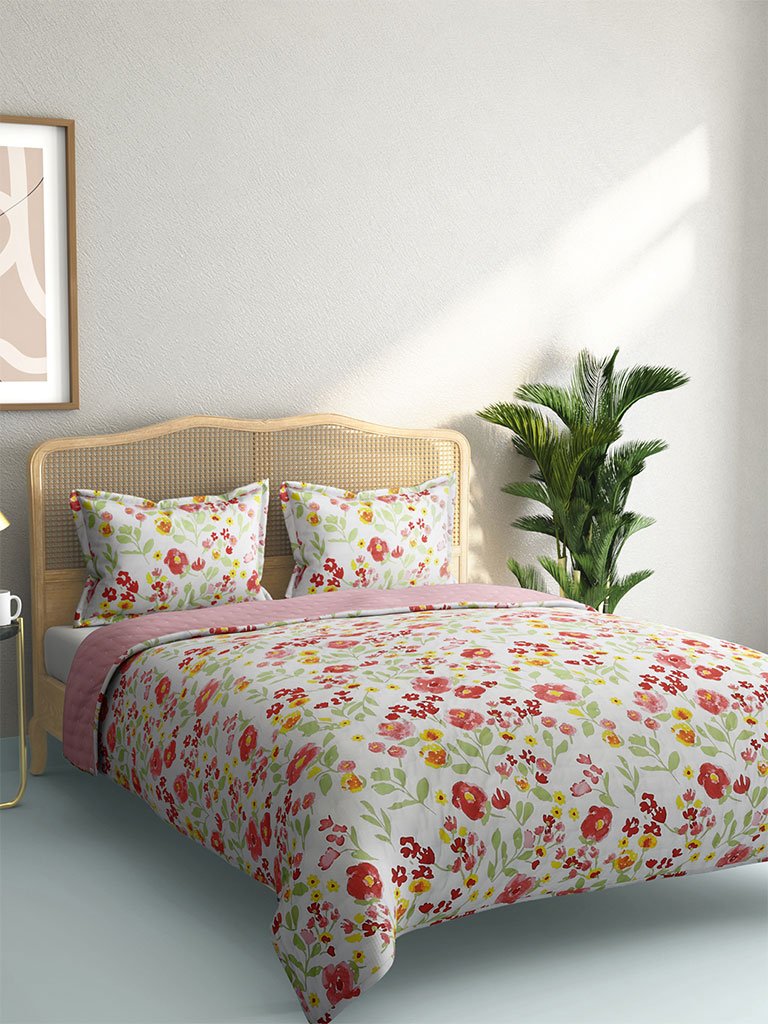 Westside Home Multicolour Quilted Floral Double Bedcover With Two Pillowcases Set