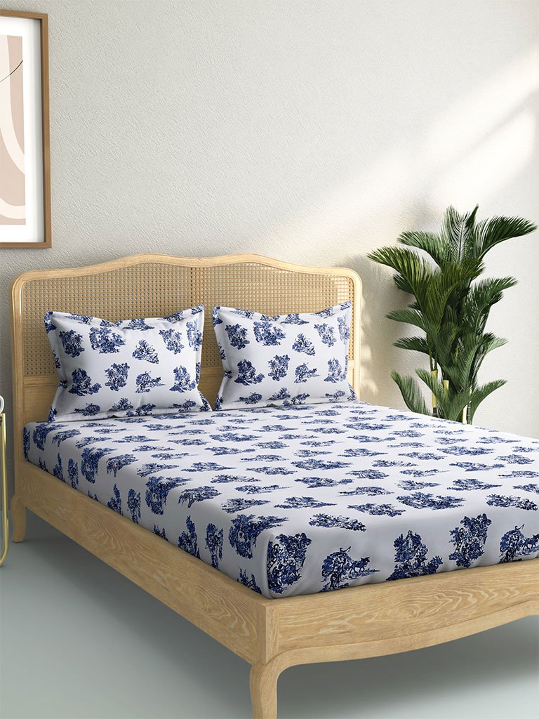 Westside Home Blue Floral 210 TC Sateen King Bedsheet With Two Pillowcases Set