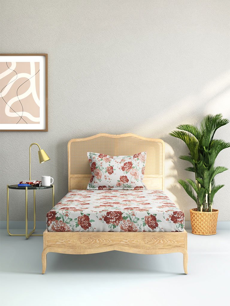Westside Home Multicolour Floral 210 TC Sateen Single Bedsheet With One Pillowcase Set