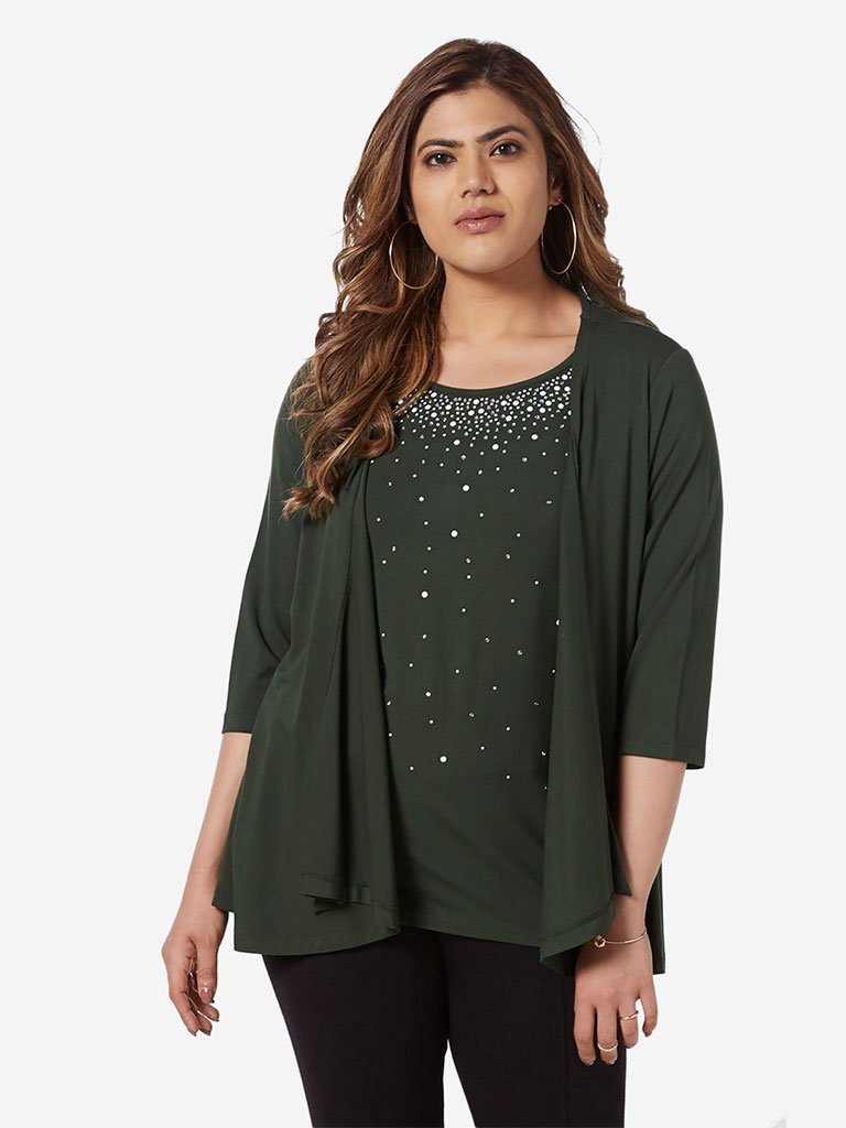 Gia Curve Olive Rhinestone Detailed Varane Top