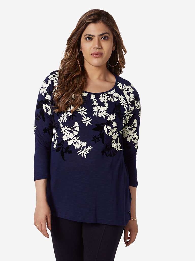 Gia Curve Navy Floral Print Selena Top