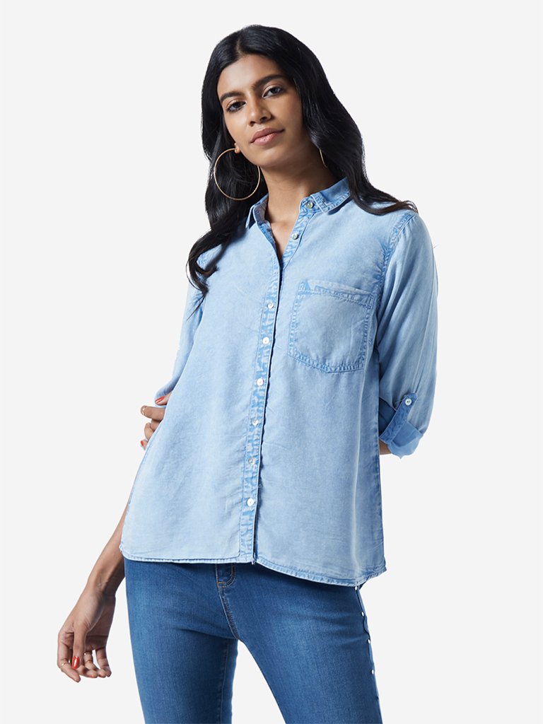 LOV Light Blue Acid Wash Casual Shirt