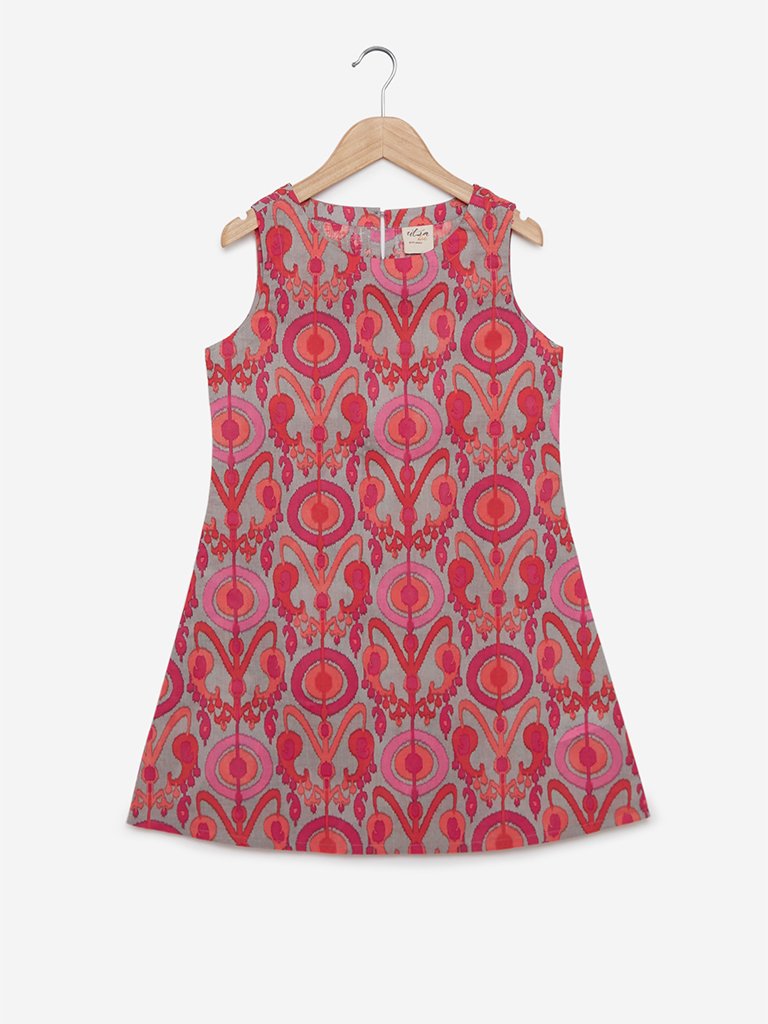 Utsa Kids Grey Ethnic Print A-Line Kurta