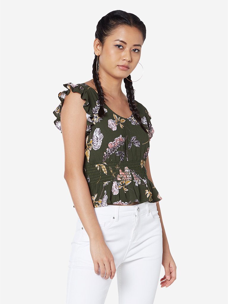 Nuon Khaki Floral Pattern Kelly Top