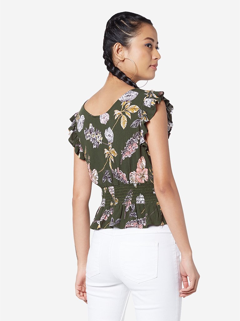 Nuon Khaki Floral Pattern Kelly Top