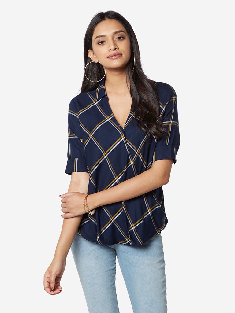 LOV Navy Checked High-Low Lynne Top