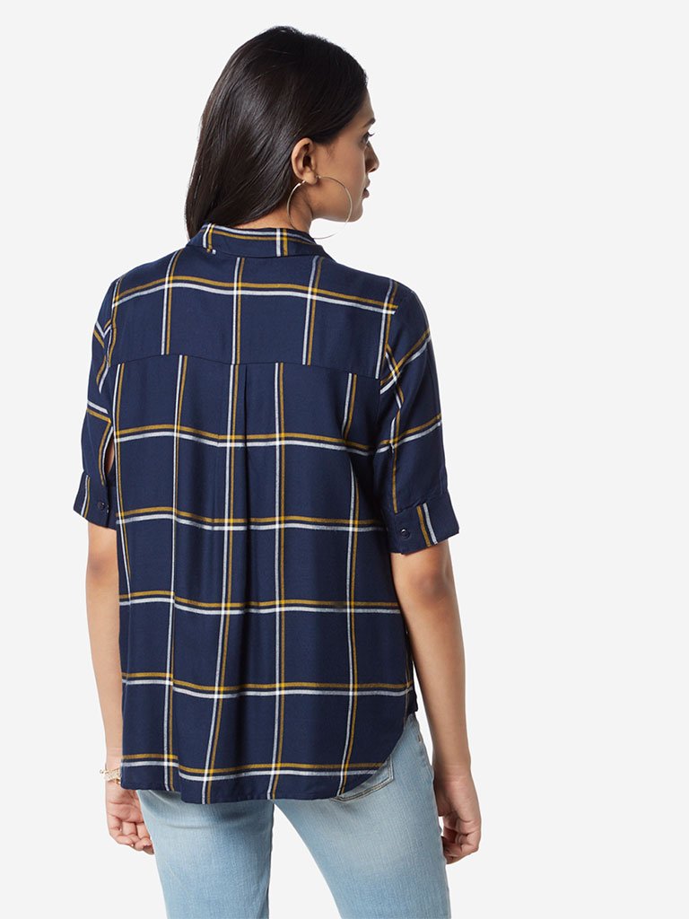 LOV Navy Checked High-Low Lynne Top