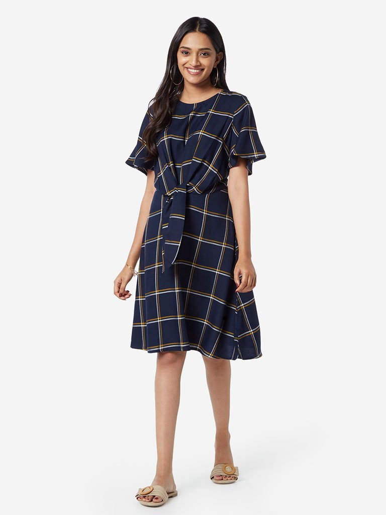 LOV Navy Checkered Dress