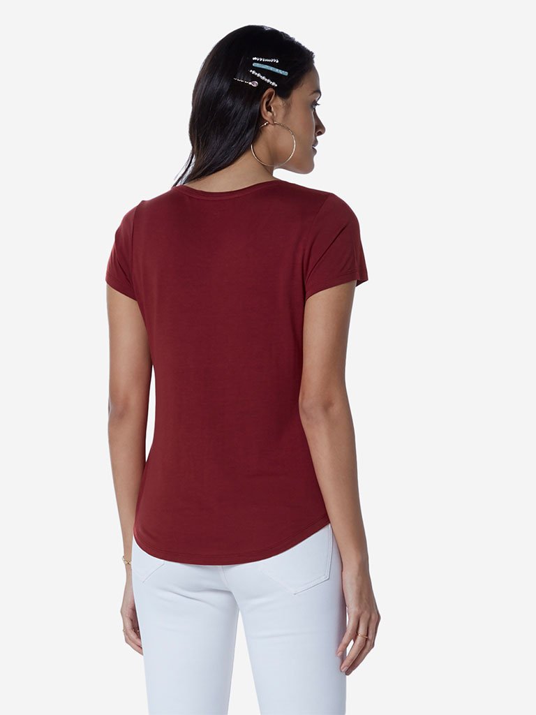 LOV Rust Text Printed Sherry T-Shirt