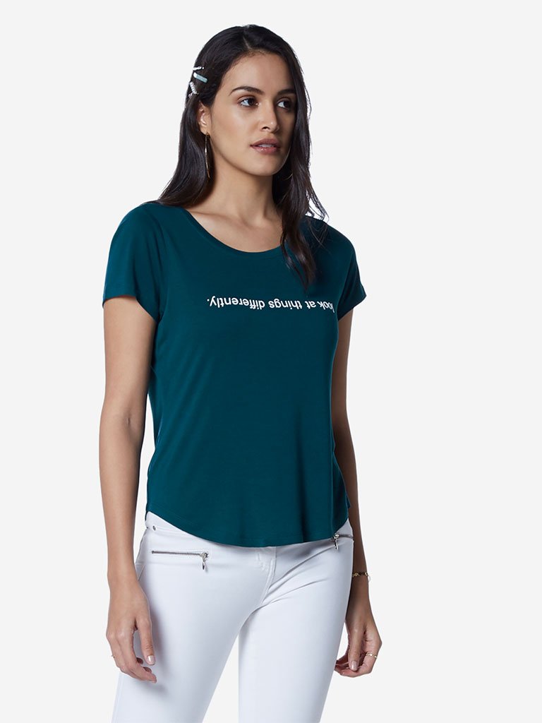 LOV Teal Text Print High-Low Sherry T-Shirt