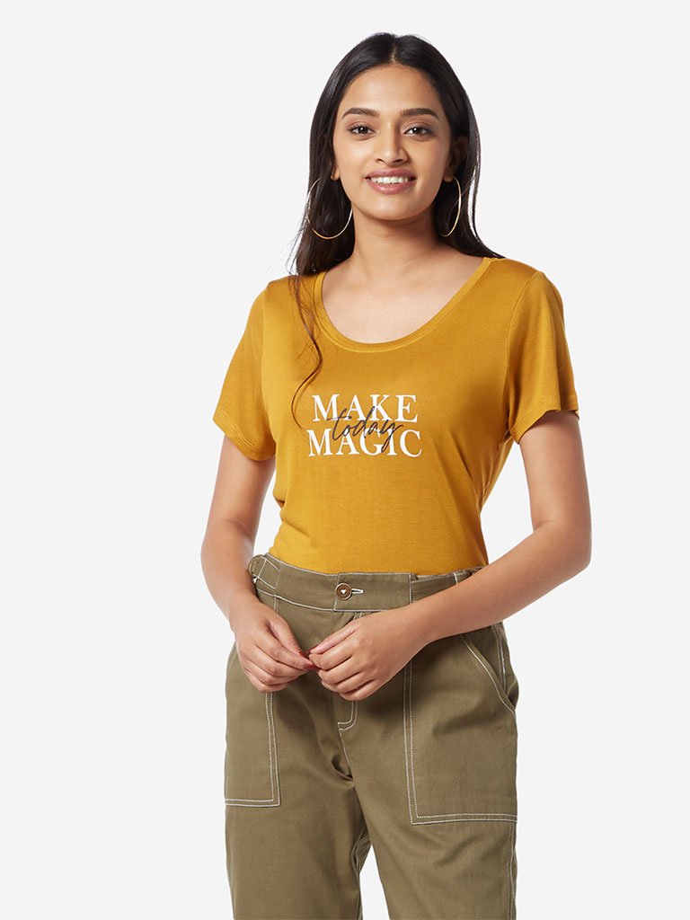 LOV Mustard Sherry Text Pattern T-Shirt