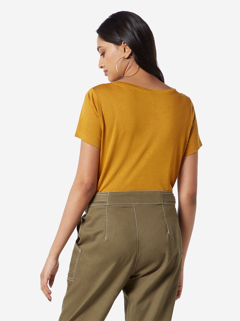 LOV Mustard Sherry Text Pattern T-Shirt