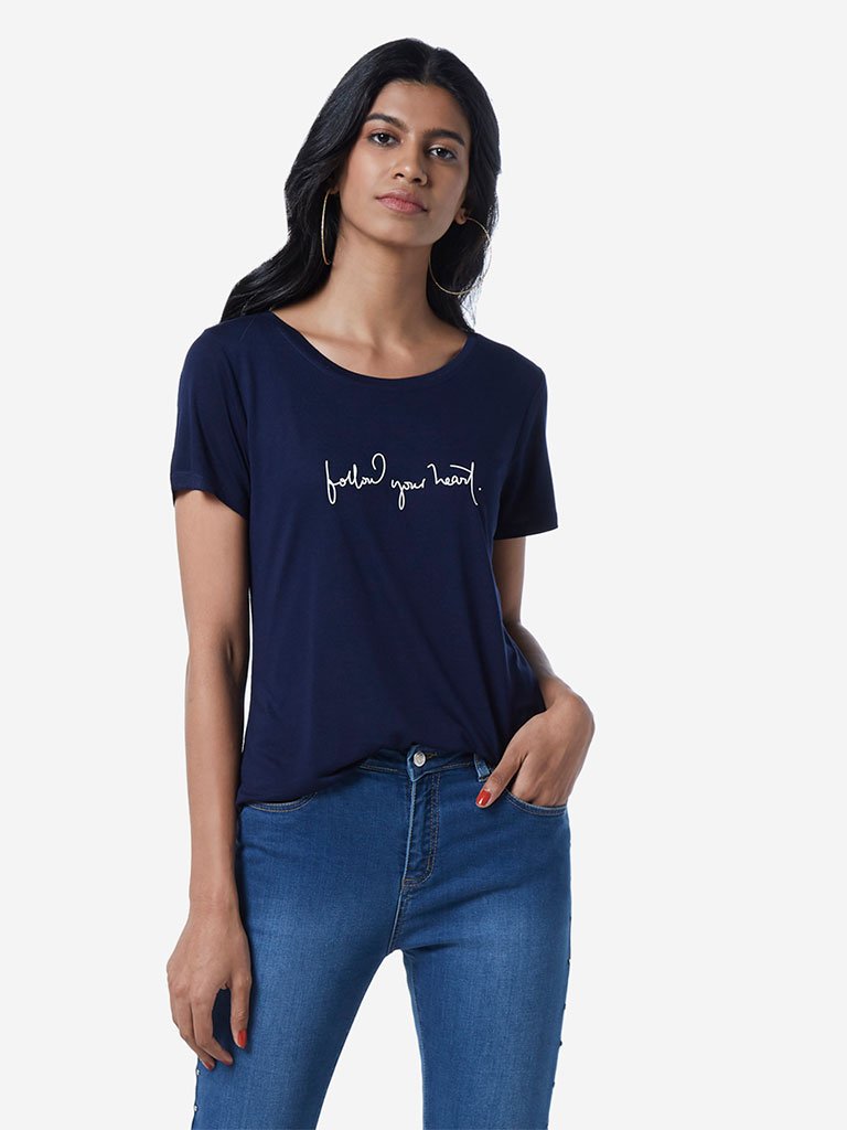 LOV Navy Sherry Text Pattern T-Shirt