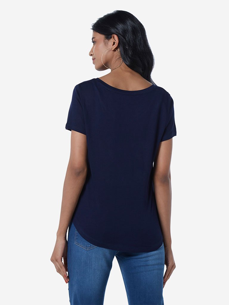 LOV Navy Sherry Text Pattern T-Shirt